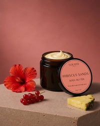 Hibiscus Sands body butter, jar open with the butter visible
